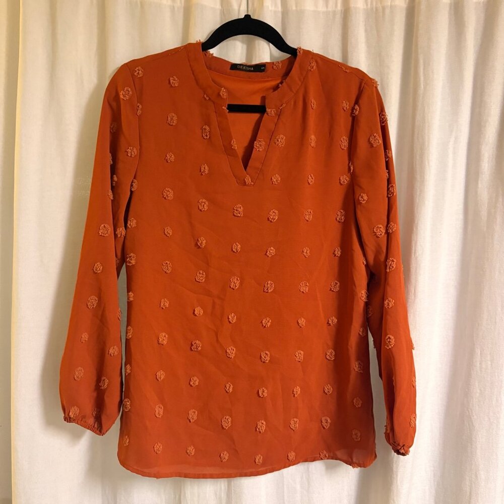 DEESHA Rust Swiss Dot Blouse Small Burnt Orange Textured Long Sleeve Boho Fall